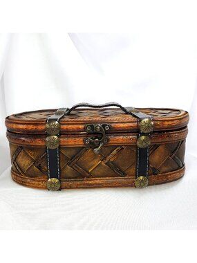 Vintage Wooden Woven Storage Basket With Leather Straps & Metal Accents 10"